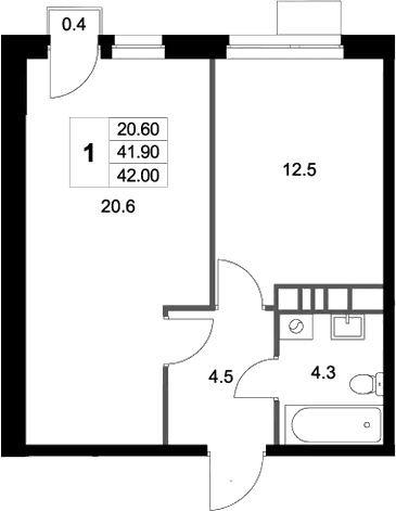Планировка: 1-комнатная квартира 41,9 м² в ЖК «Легенда Марусино»
