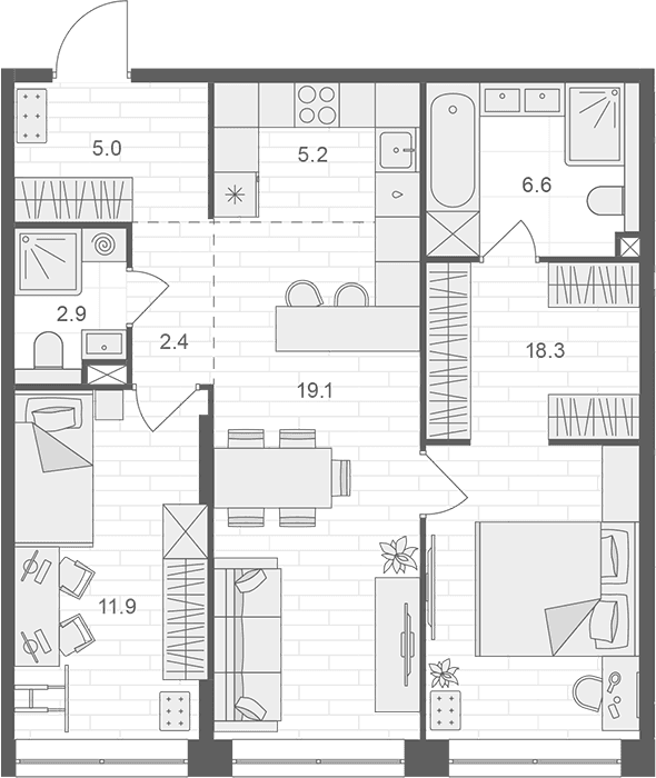 Планировка: Евротрёшка 71,4 м² в ЖК «АРТЕЛЬ»