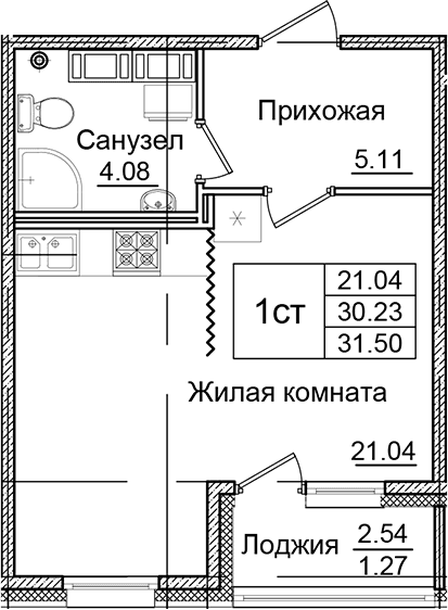 Планировка: Студия 30,2 м² в ЖК «Квартал Заречье»