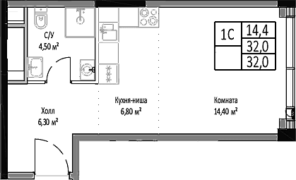 Планировка: Студия 32 м² в ЖК «Мираполис»