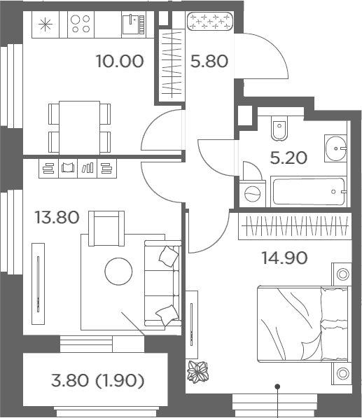 Планировка: 2-комнатная квартира 49,7 м² в ЖК «Белый Град»