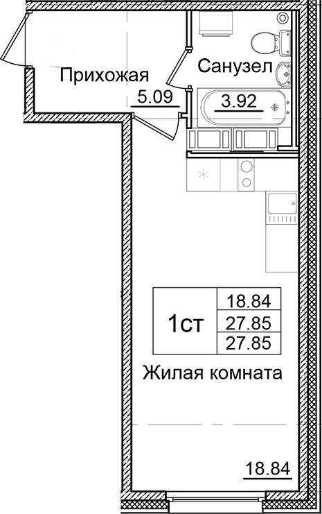 Планировка: Студия 27,9 м² в ЖК «Квартал Заречье»