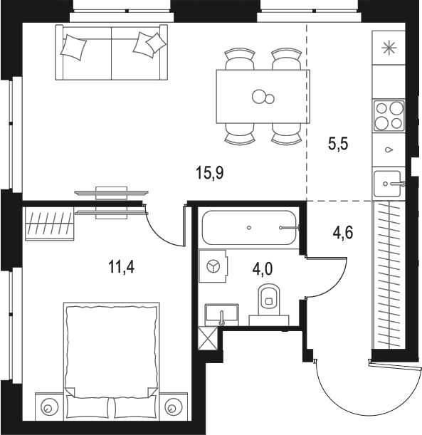 Планировка: Евродвушка 41,4 м² в ЖК «Левел Мичуринский»