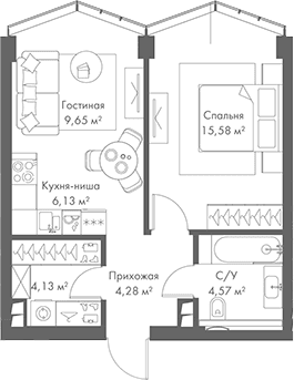 Планировка: Евродвушка 44,3 м² в ЖК «МИРА»
