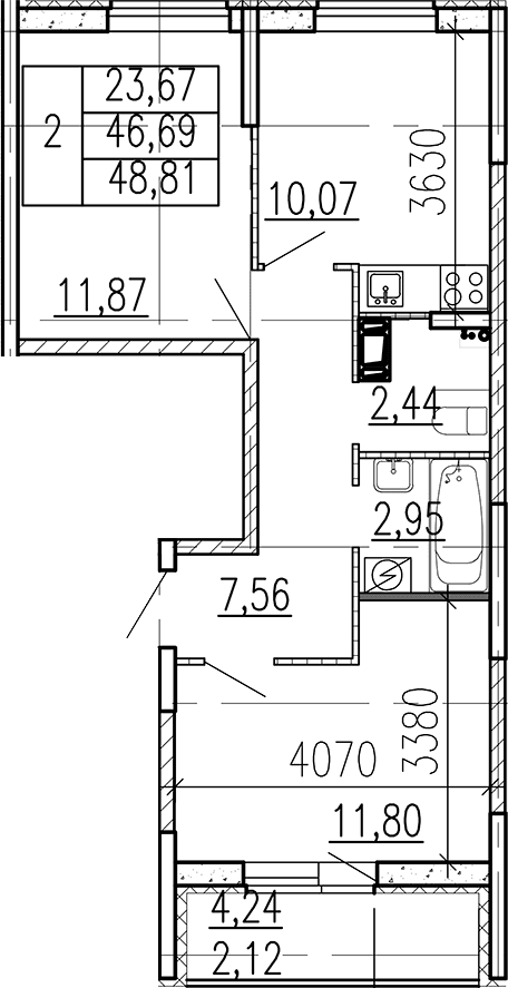 Планировка: 2-комнатная квартира 46,7 м² в ЖК «Высота. Бугры»