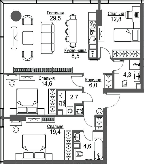 Планировка: Квартира евро-4 102,4 м² в ЖК «Слава»