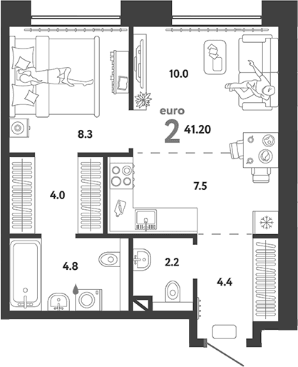Планировка: Евродвушка 41,2 м² в ЖК «Страна.Озерная»