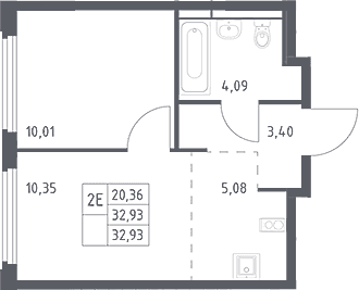 Планировка: Евродвушка 32,9 м² в ЖК «Космический Квартал»