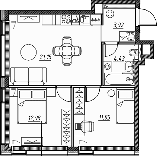 Планировка: Евротрёшка 54,4 м² в ЖК «Веер»