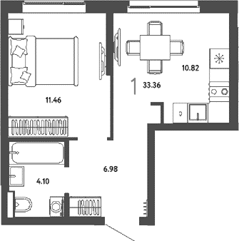 Планировка: 1-комнатная квартира 33,4 м² в ЖК «Страна.Парковая»
