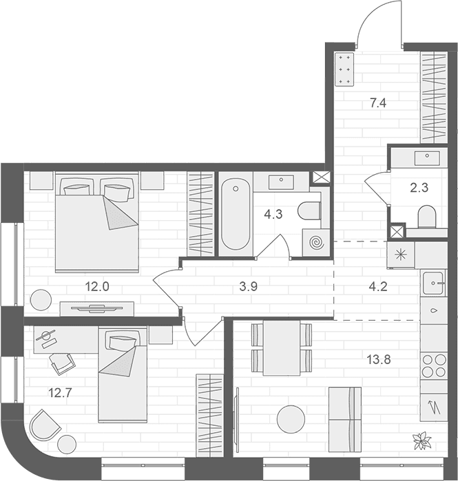 Планировка: Евротрёшка 60,6 м² в ЖК «АРТЕЛЬ»
