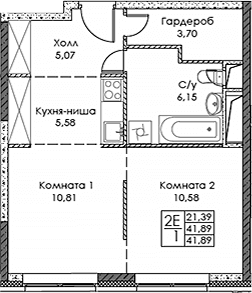Планировка: Евродвушка 41,9 м² в ЖК «ЭВОПАРК Сокольники»