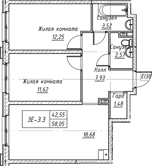 Планировка: Евротрёшка 58,1 м² в ЖК «Зум на Неве»