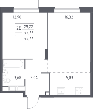 Планировка: Евродвушка 43,8 м² в ЖК «Новоград Павлино»