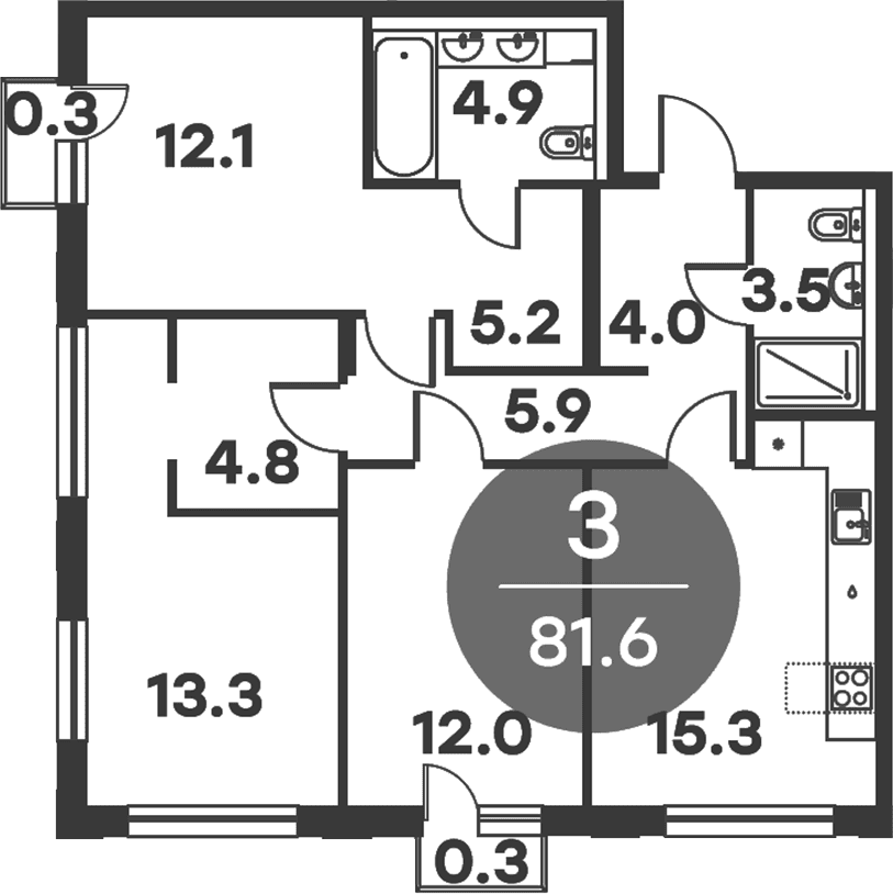 Планировка: 3-комнатная квартира 81 м² в ЖК «Равновесие»