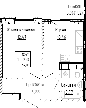 Планировка: 1-комнатная квартира 32,2 м² в ЖК «Аквилон Stories»