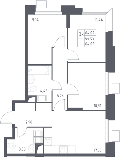 Планировка: Квартира евро-4 64,1 м² в ЖК «Тропарево Парк»