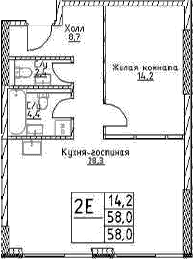 Планировка: Евродвушка 58 м² в ЖК «Наметкин Тауэр»