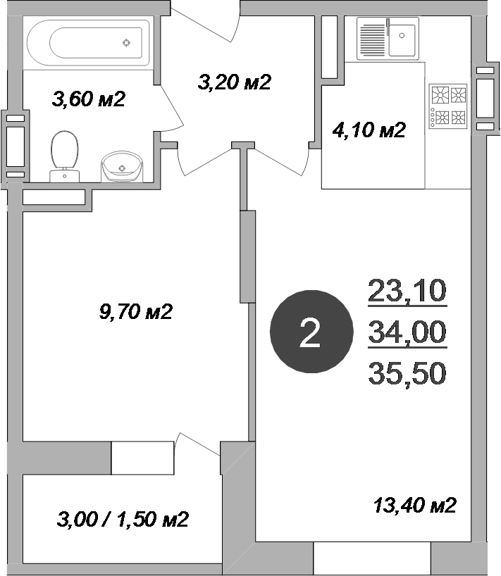 Планировка: Евродвушка 34 м² в ЖК «Новые Островцы»
