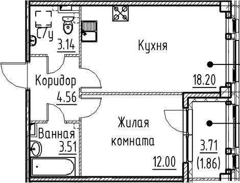 Планировка: Евродвушка 41,4 м² в ЖК «Кронфорт»