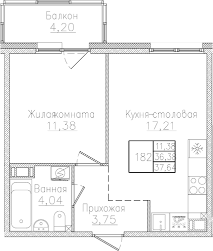Планировка: Евродвушка 36,4 м² в ЖК «Счастье 2.0»