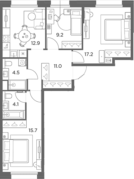 Планировка: 3-комнатная квартира 74,6 м² в ЖК «Станиславский»