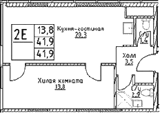 Планировка: Евродвушка 41,9 м² в ЖК «Наметкин Тауэр»