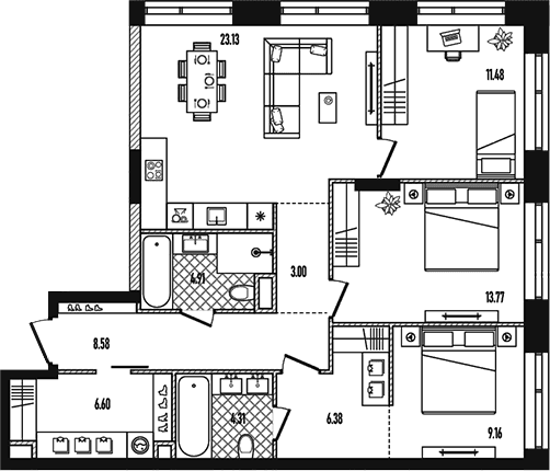 Планировка: Квартира евро-4 91,3 м² в ЖК «Репаблик»