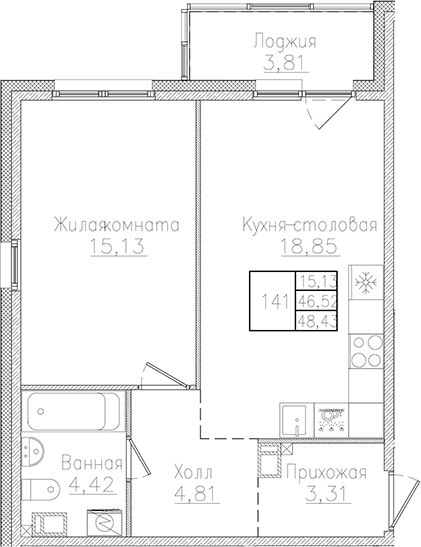Планировка: Евродвушка 46,5 м² в ЖК «Счастье 2.0»