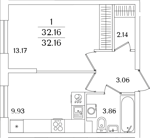 Планировка: 1-комнатная квартира 32,2 м² в ЖК «Кинопарк»