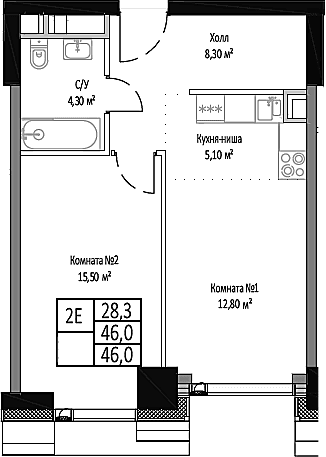 Планировка: Евродвушка 46 м² в ЖК «Мираполис»