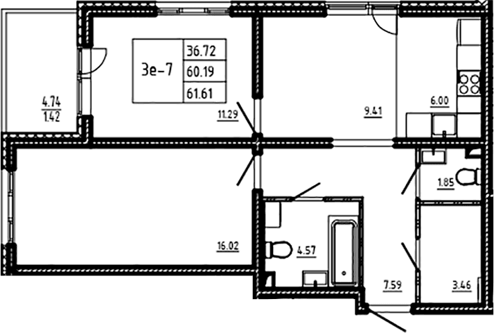 Планировка: Евротрёшка 60,2 м² в ЖК «ЛесАрт»