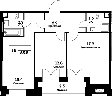 Планировка: Евротрёшка 63,5 м² в ЖК «ЭВЕР»