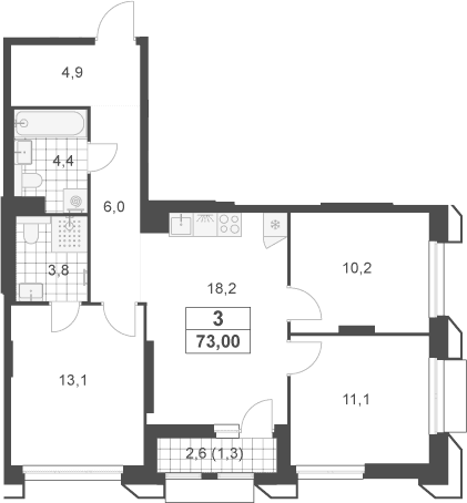 Планировка: Квартира евро-4 71,7 м² в ЖК «Южные сады»