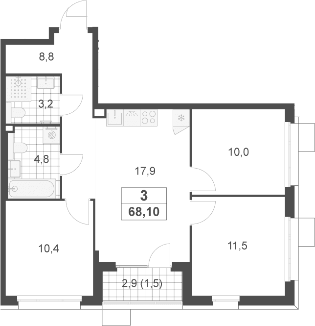 Планировка: Квартира евро-4 66,6 м² в ЖК «Скандинавия»