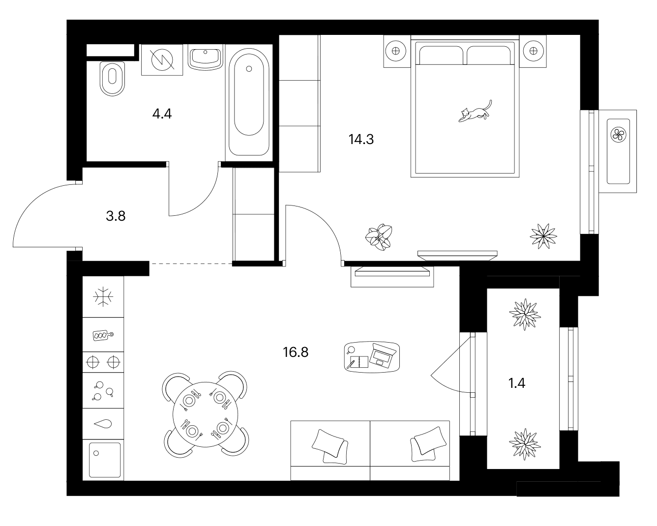Планировка: 1-комнатная квартира 39,3 м² в ЖК «Ярославский»