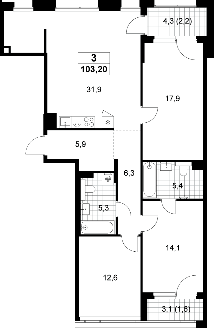 Планировка: Квартира евро-4 99,4 м² в ЖК «Хольм»