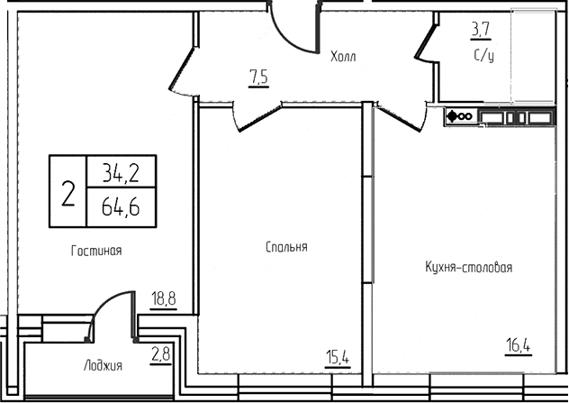 Планировка: Евротрёшка 61,8 м² в ЖК «Троицкий»