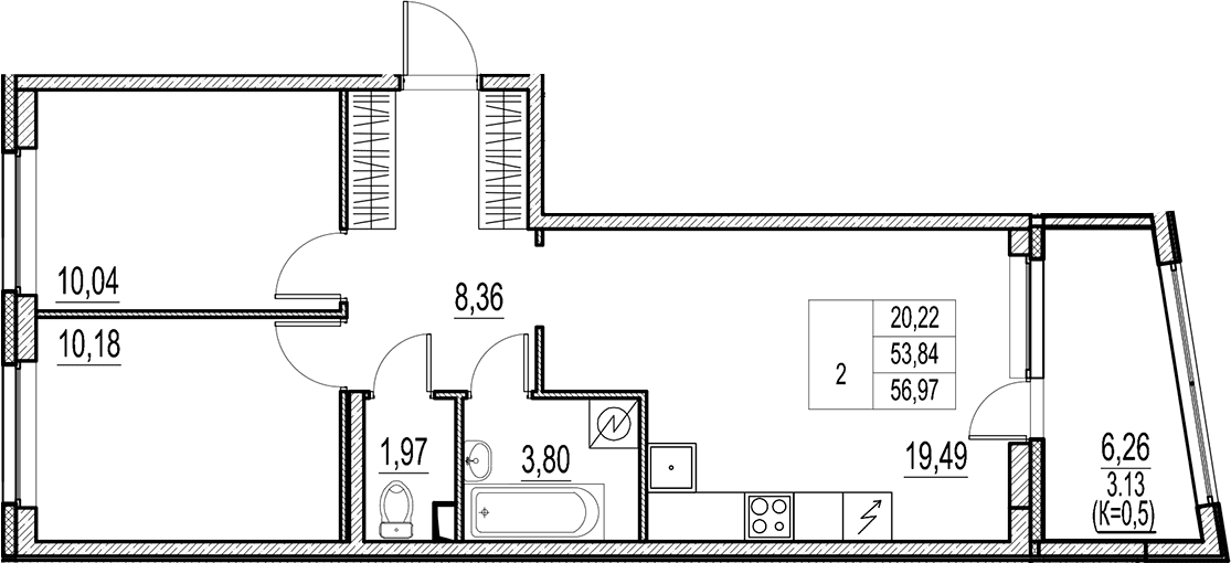 Планировка: Евротрёшка 53,8 м² в ЖК «Город-спутник Южный»