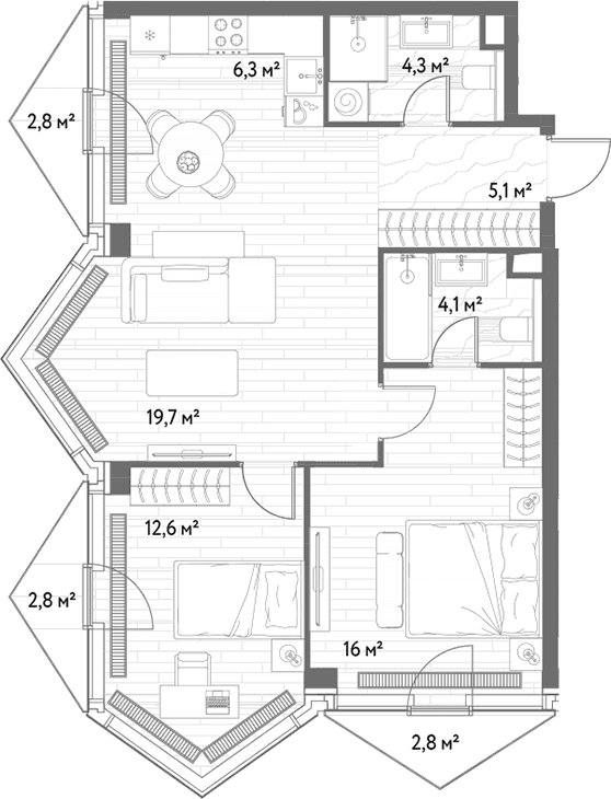 Планировка: Евротрёшка 68,1 м² в ЖК «С5»