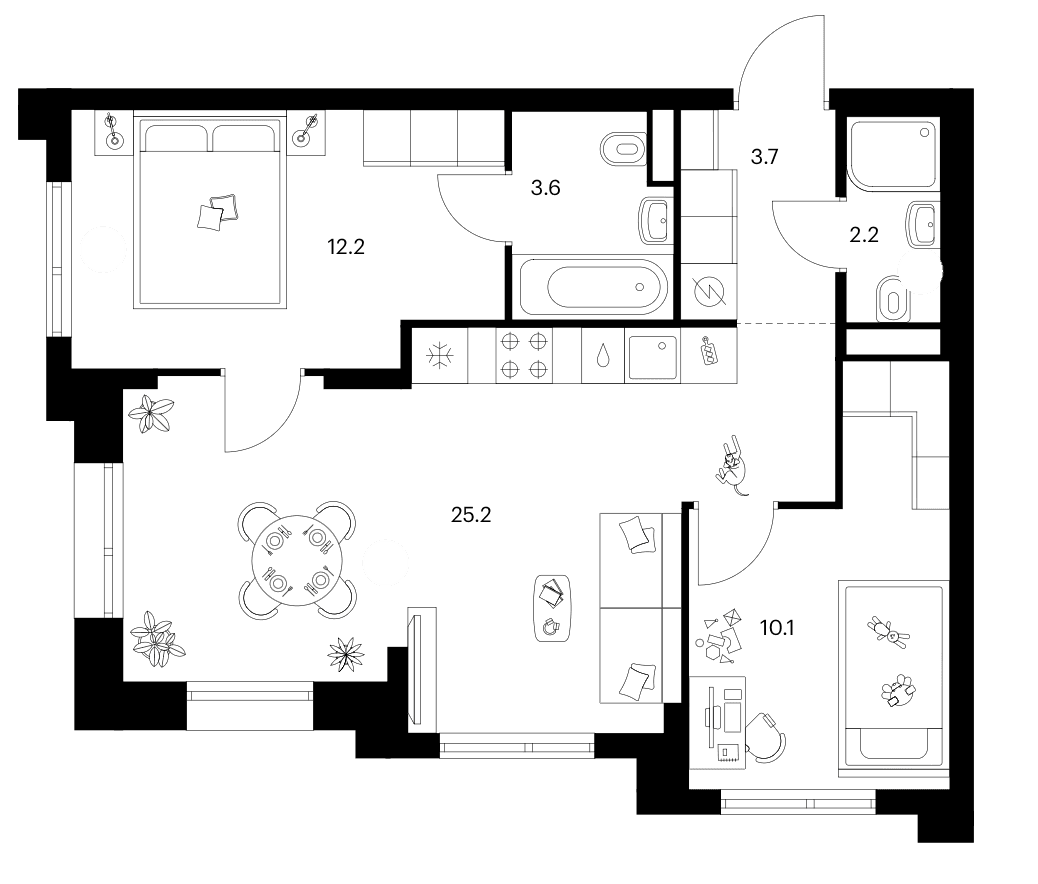 Планировка: 2-комнатная квартира 57 м² в ЖК «Зеленый парк»