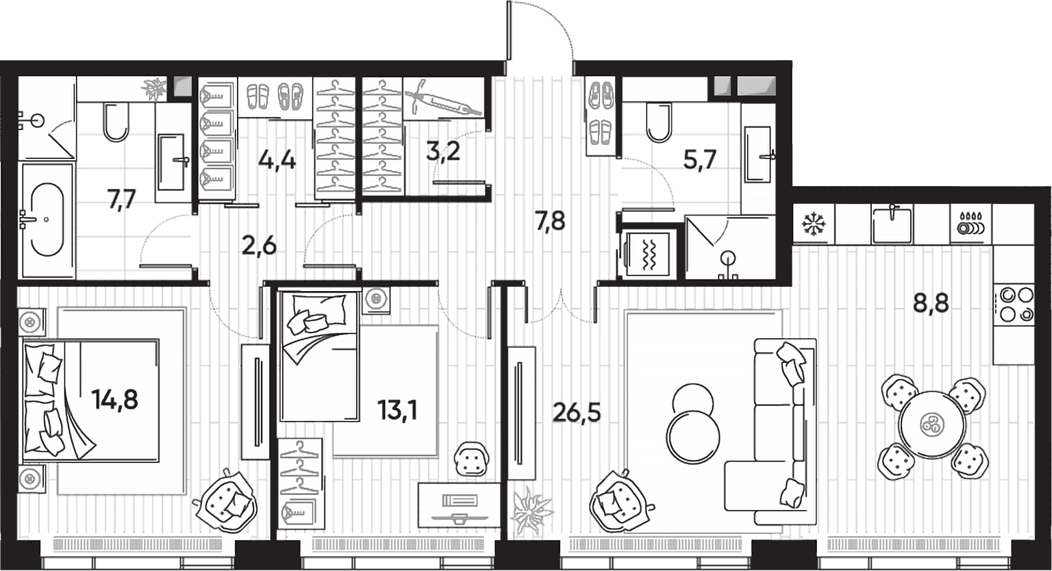 Планировка: Евротрёшка 95,2 м² в ЖК «ПРАЙД»