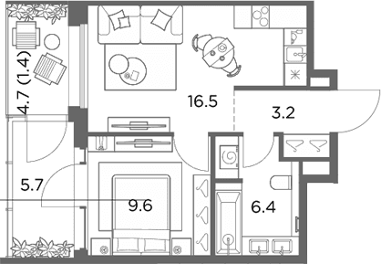 Планировка: 1-комнатная квартира 35,7 м² в ЖК «Станиславский»