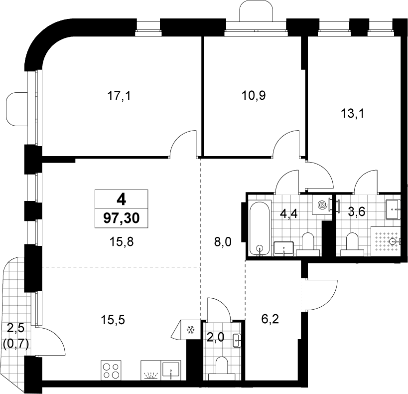 Планировка: Квартира евро-4 96,6 м² в ЖК «Прокшино»