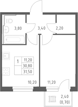 Планировка: 1-комнатная квартира 30,8 м² в ЖК «Химки Парк»