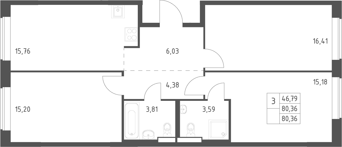 Планировка: Квартира евро-4 80,4 м² в ЖК «Большое Юрлово»