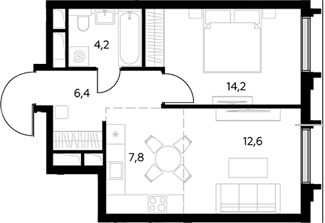 Планировка: Евродвушка 45,2 м² в ЖК «Дом 56»