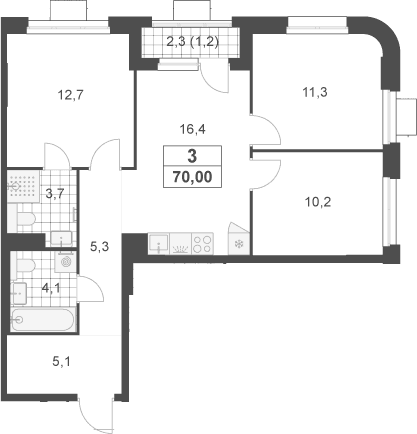Планировка: Квартира евро-4 68,8 м² в ЖК «Южные сады»