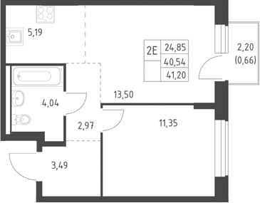 Планировка: Евродвушка 40,5 м² в ЖК «Горки Парк»
