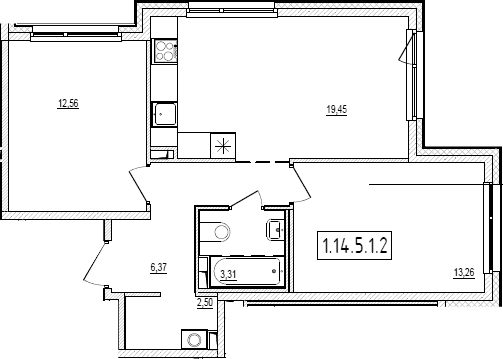 Планировка: Евротрёшка 57,5 м² в ЖК «Новый Ямбург»